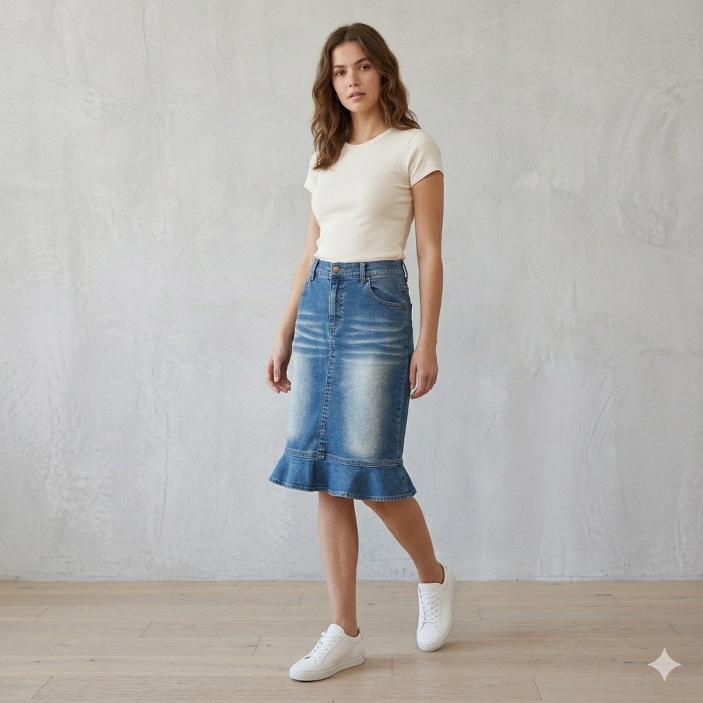Mossimo Womens Size 3 Blue Denim Ruffle Hem Mermaid Skirt Medium‎ Wash Stretch